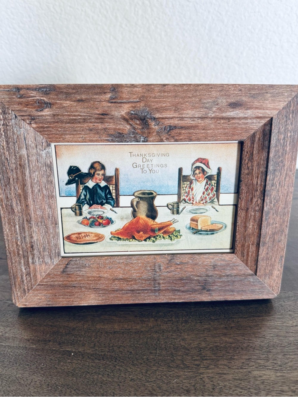 Vintage Thanksgiving Dinner Table Postcard Wood Picture Frame Art